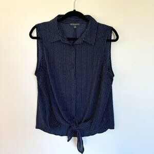 Adrianna Papell Sleeveless Collared Polka Dot Button Up Tie Blouse L